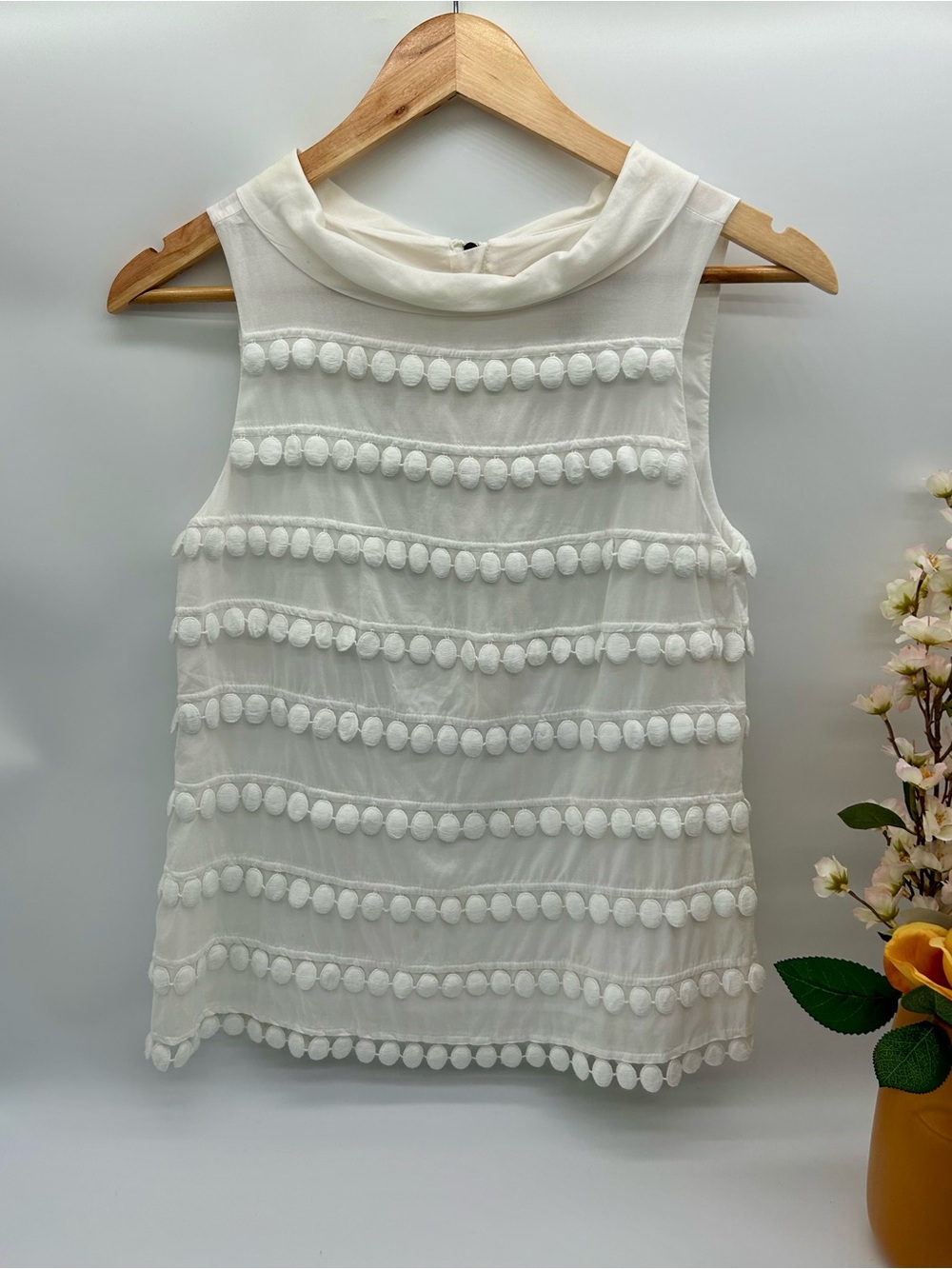 J. Crew Pom-Pom Trim Sleeveless fairy collar classy boss quiet luxury blouse